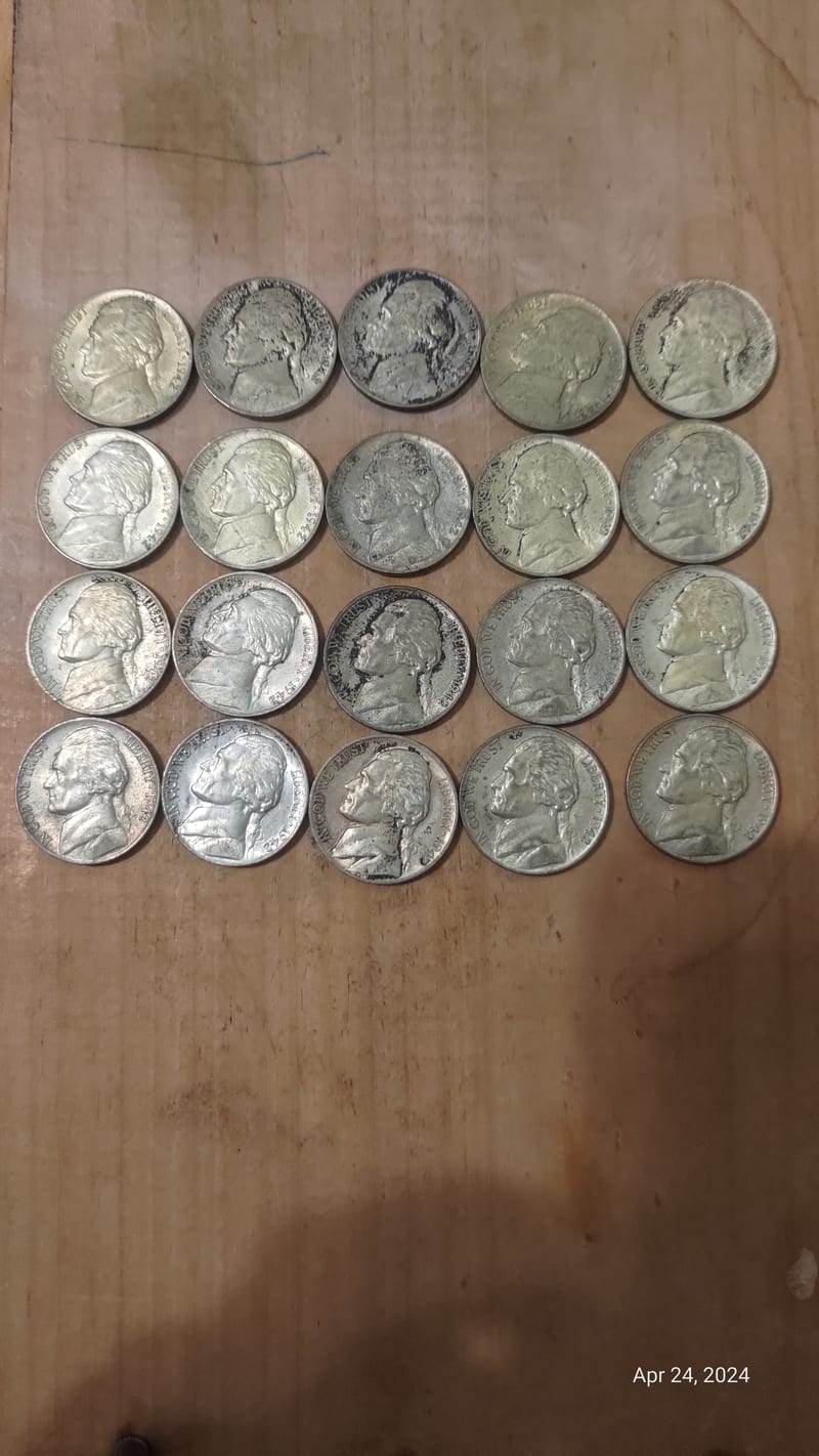 US Jefferson Five-Cent Nickels — Group of 21 Circulated Examples