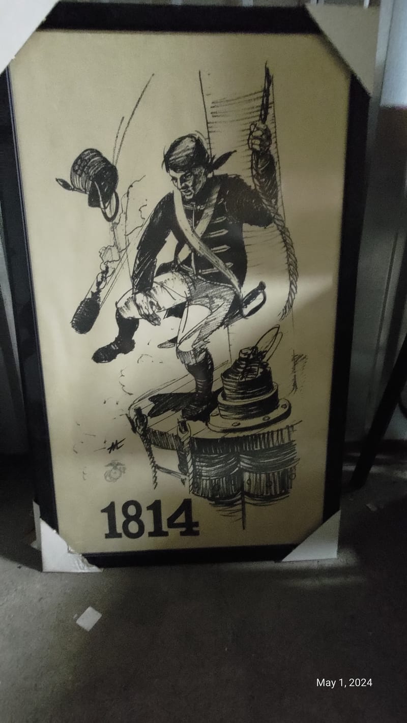 Framed Marine Corps art print dated 1814