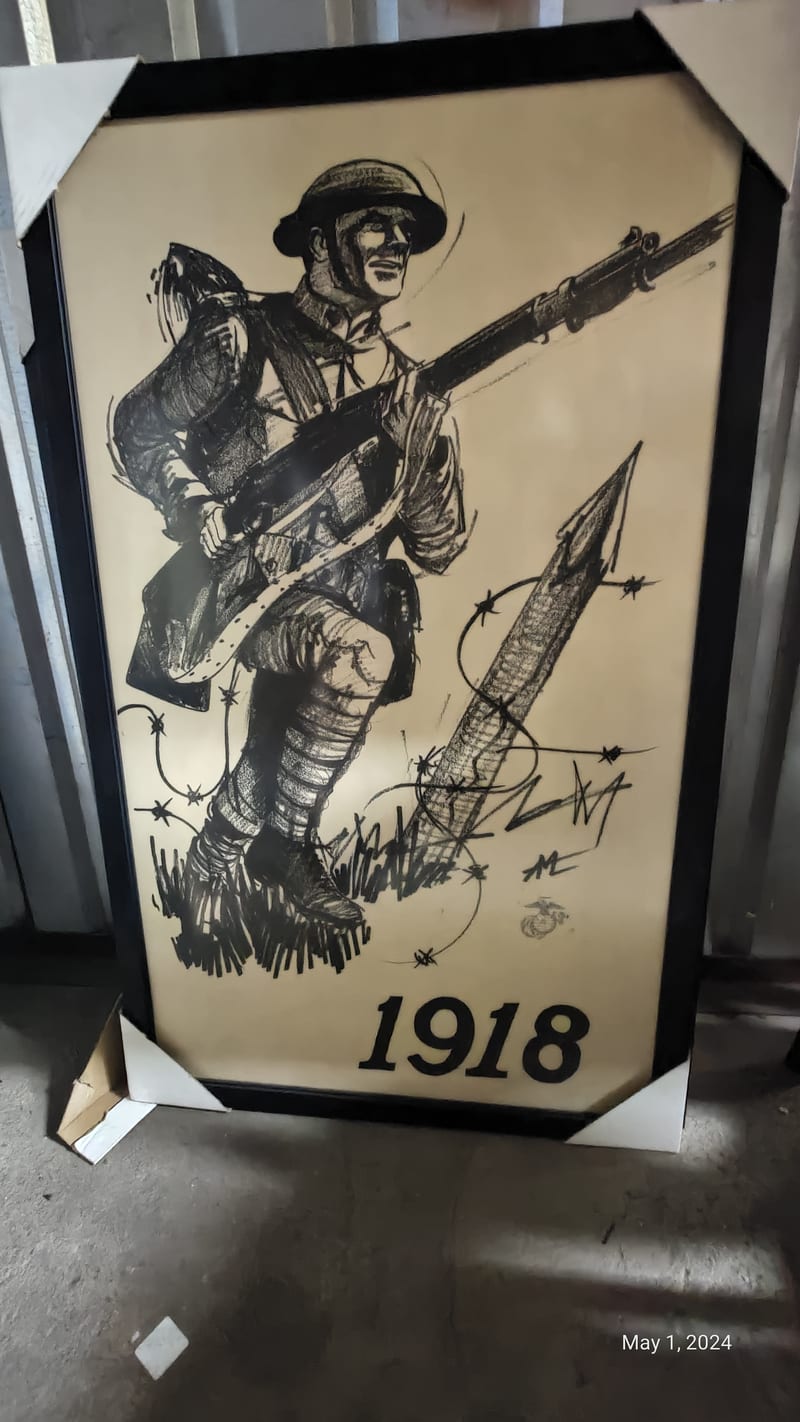 Framed Marine Corps art print dated 1918