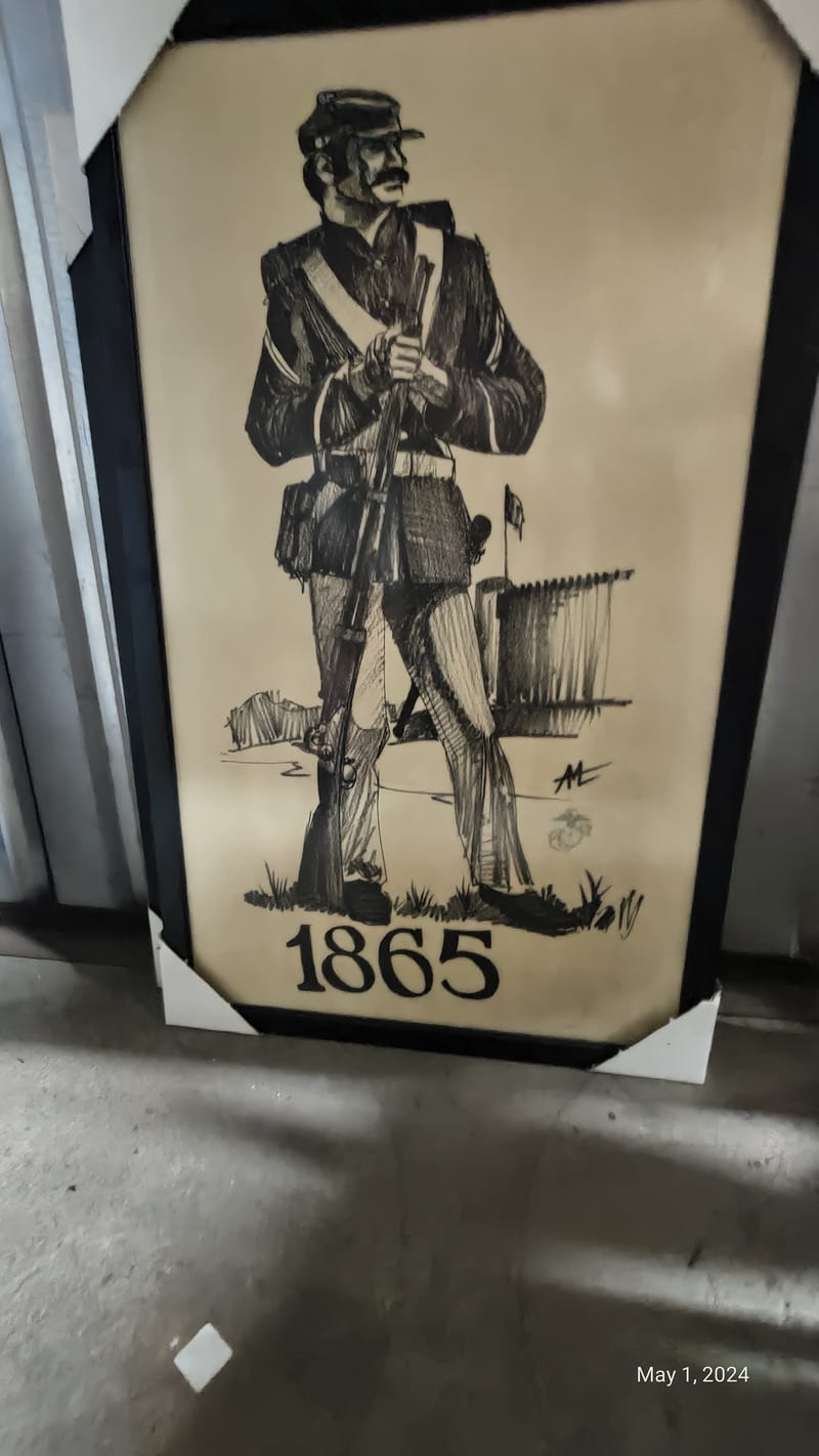 Framed Marine Corps art print dated 1865