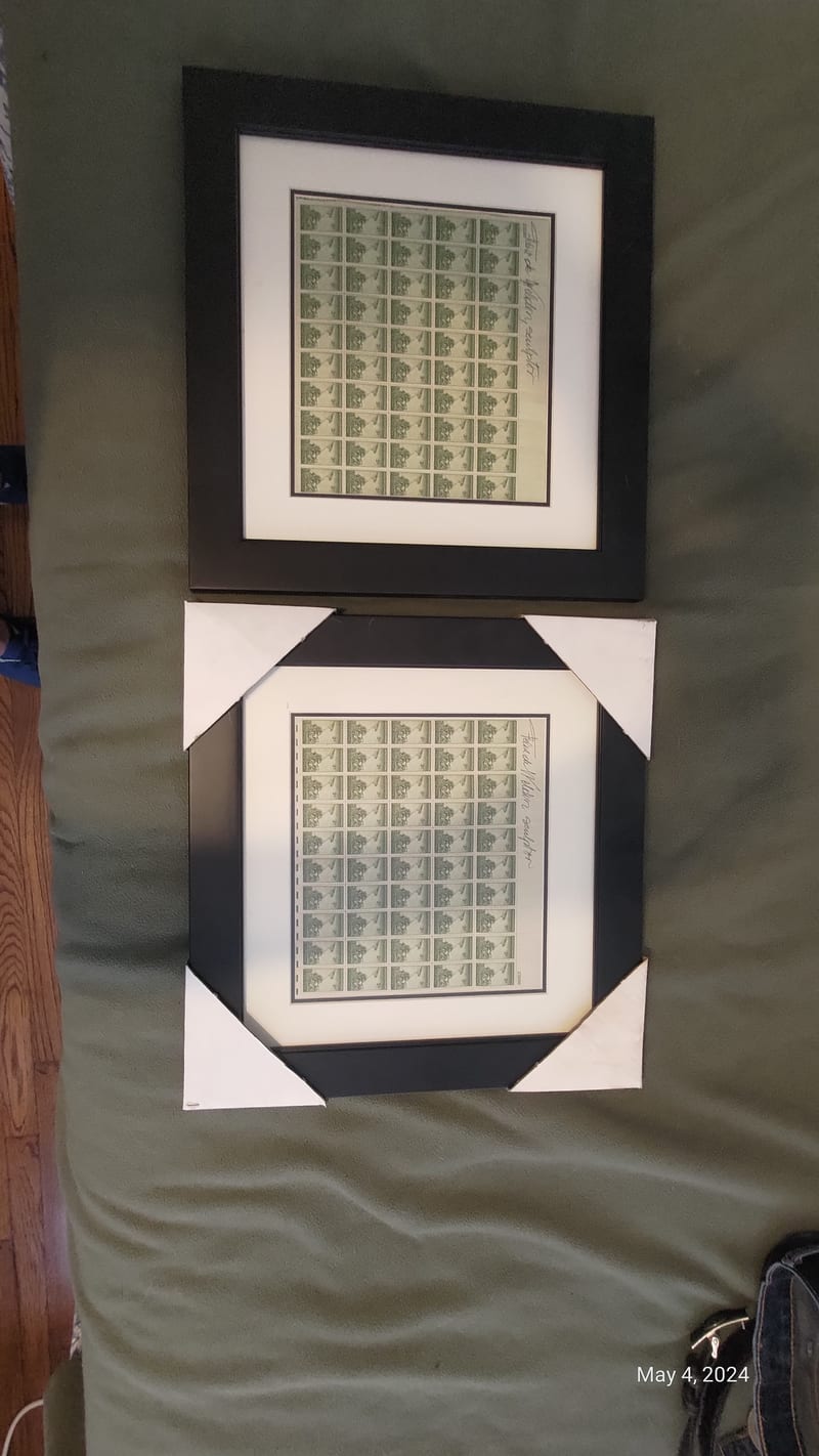 Framed Iwo Jima 3¢ stamp sheet signed by Felix de Weldon, sculptor (Iwo Jima stamps, lighter background)