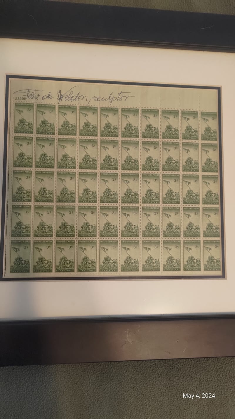 Framed Iwo Jima 3¢ stamp sheet signed by Felix de Weldon, sculptor (Iwo Jima stamps, darker background)